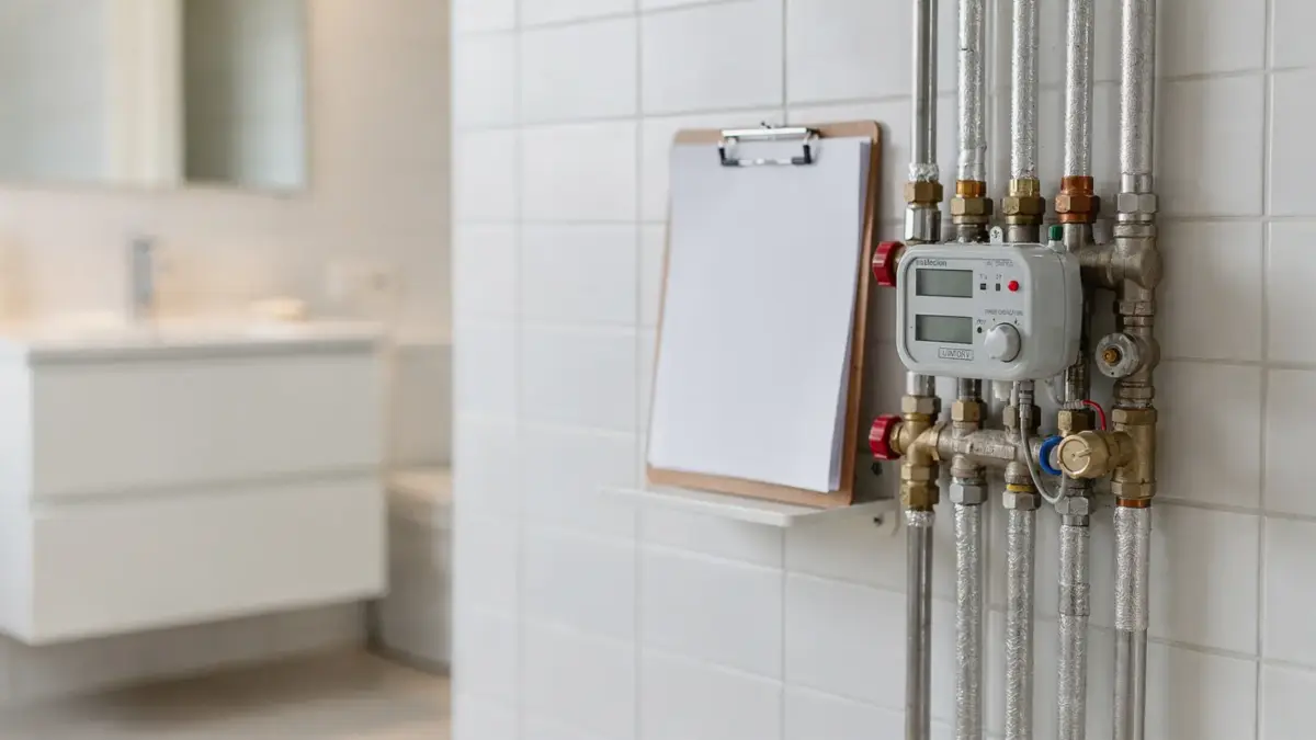 Warmwassermeter und Abrechnungsunterlagen zur Warmwasserkostenabrechnung in einer Wohnung