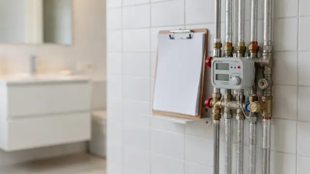 Warmwassermeter und Abrechnungsunterlagen zur Warmwasserkostenabrechnung in einer Wohnung