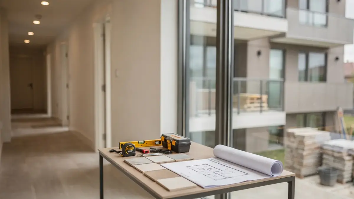 Bauliche Veränderung im Wohnungseigentum: Treppenhaus mit Bauplänen und Werkzeugen