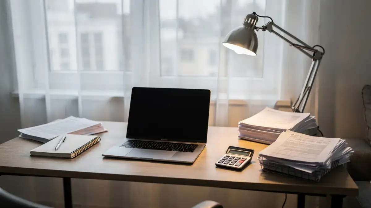 Ordentliches Homeoffice mit Laptop, Unterlagen und Taschenrechner zum Thema Homeoffice steuer Immobilie