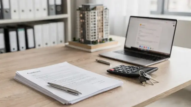 Verwalter im Immobilienbüro mit Unterlagen, Schlüssel und Modellgebäude zum Thema Haftung gegenüber Eigentümern