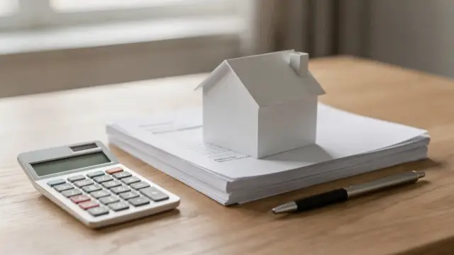 Hausmodell, Dokumente und Taschenrechner als Motiv zur Erbschaftsteuer auf Immobilien