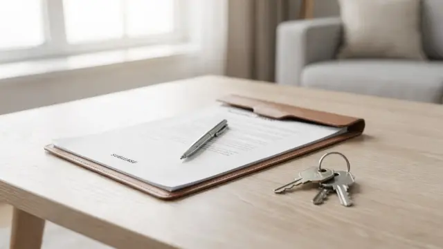 Untervermietungserlaubnis mit Formular, Stift und Wohnungsschlüssel auf einem Tisch