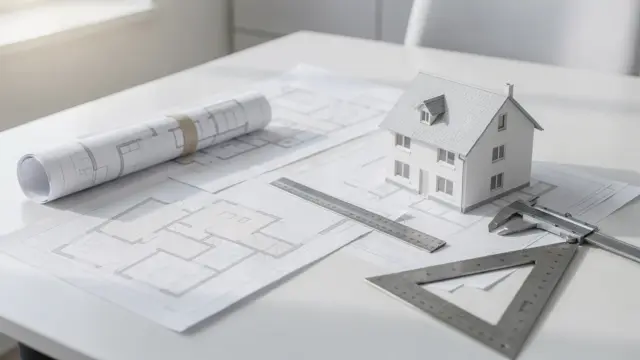 Bauvoranfrage: Baupläne, Modellhaus und Messwerkzeug auf einem Architekturtisch