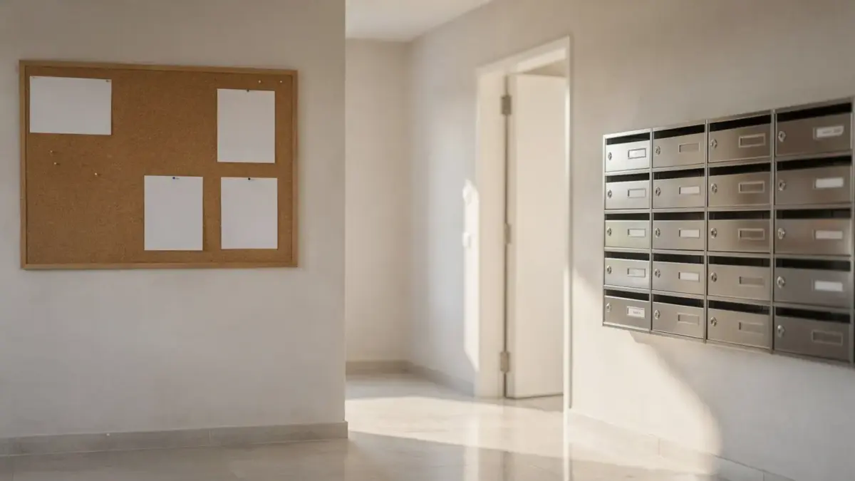Hausordnung in einem Mehrfamilienhaus-Flur mit Aushang und Briefkästen