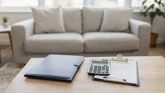 Mietvertrag, Taschenrechner und Unterlagen zur Mieterhöhung nach Vergleichsmiete in einer Wohnung