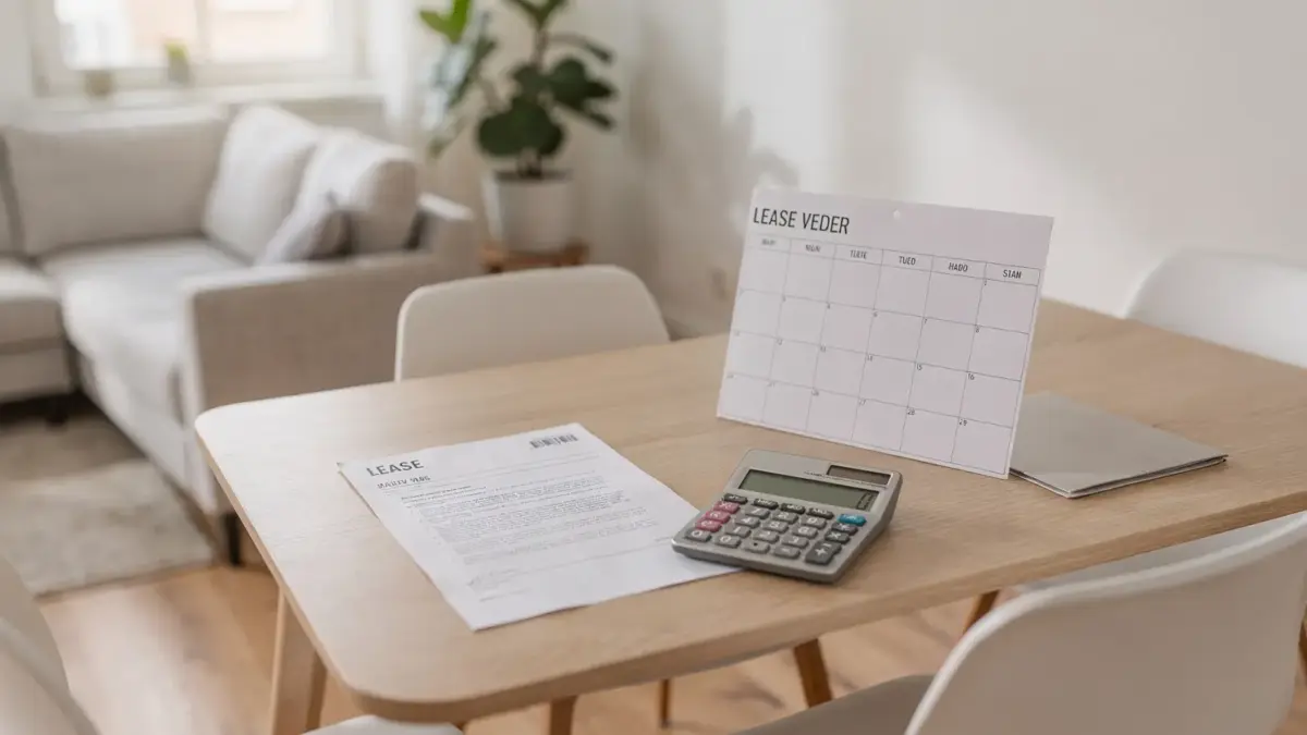 Mietvertrag, Kalender und Taschenrechner zur Prüfung einer Mieterhöhung im Mietrecht