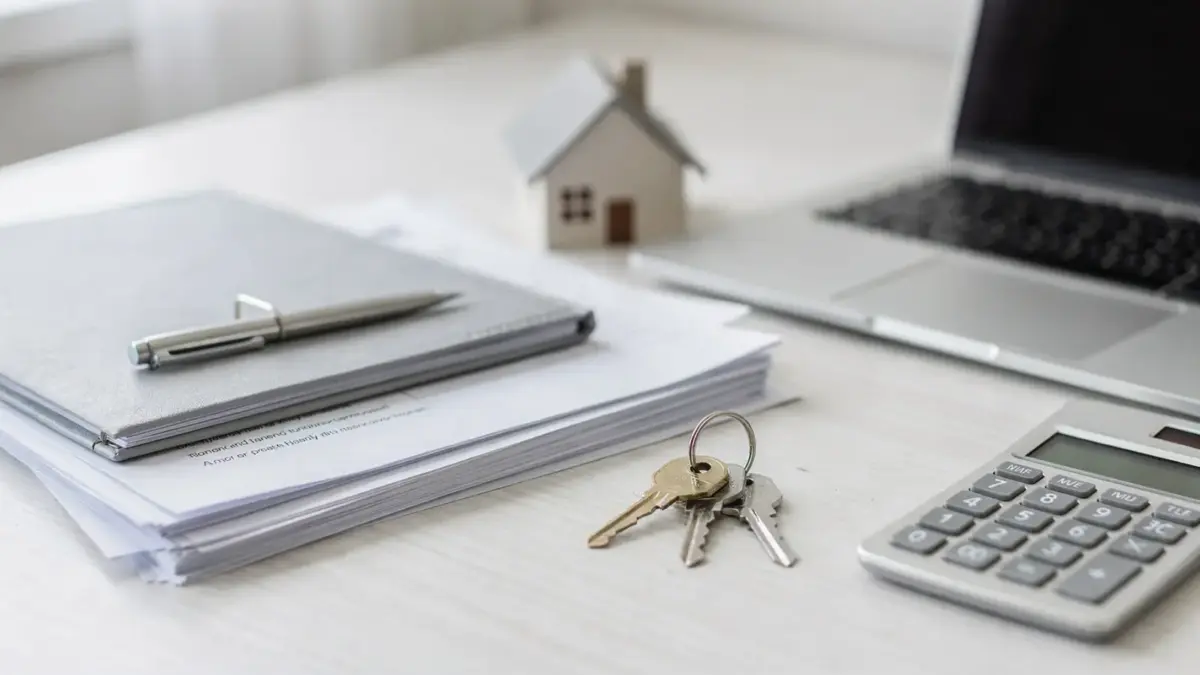 Unterlagen zur Grundbuchumschreibung beim Immobilienkauf auf einem Schreibtisch mit Hausmodell, Schlüssel und Rechner
