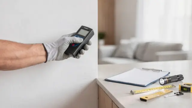 Hausinspektion mit Feuchtigkeitsmesser und Unterlagen zum versteckten Mangel beim Hauskauf