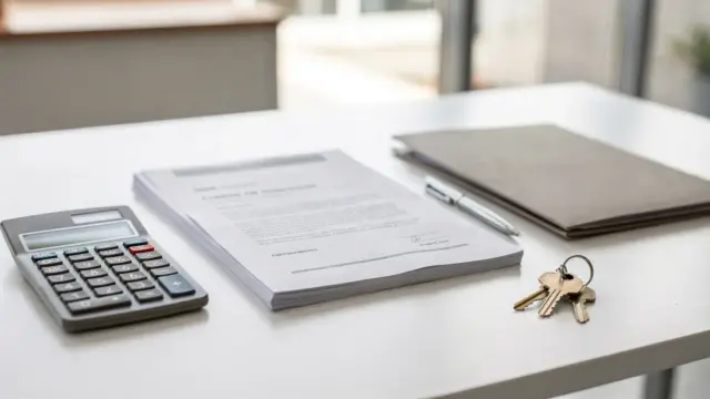 Immobilienkauf rücktritt: Unterlagen, Schlüssel und Vertrag auf einem Schreibtisch