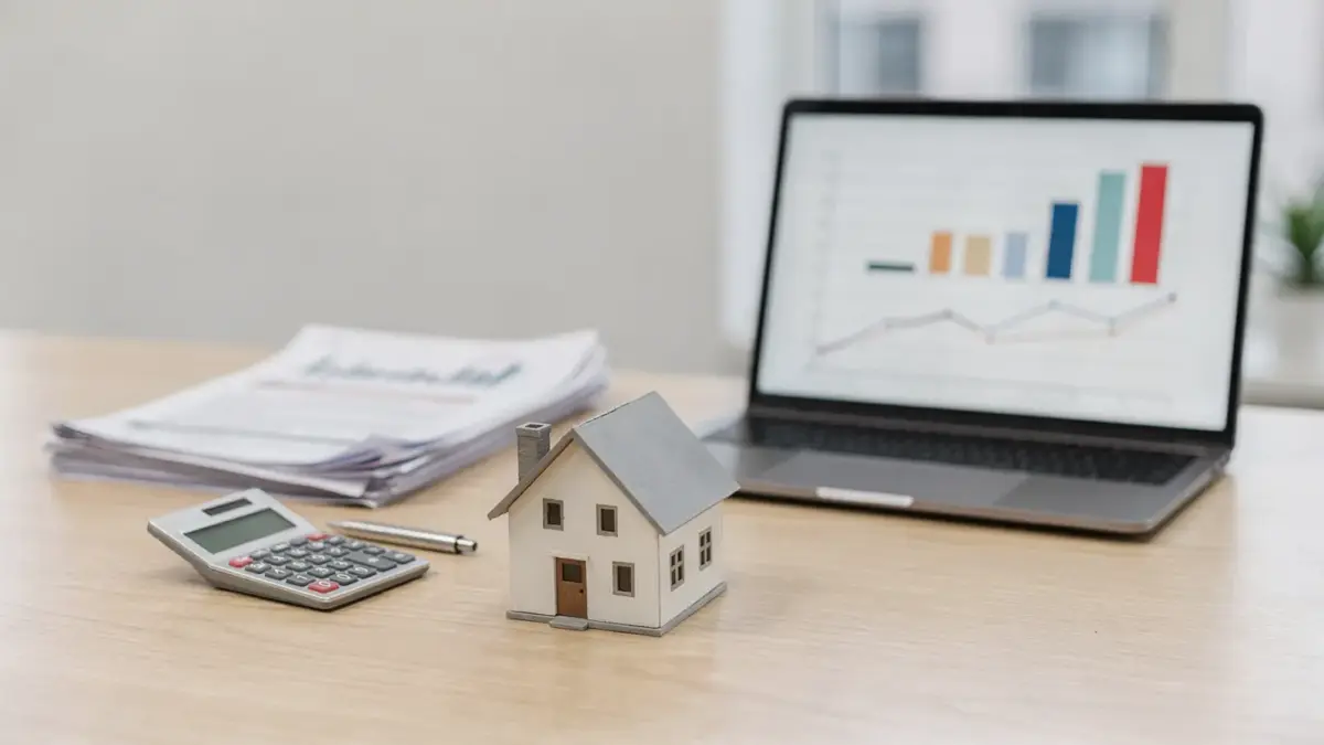 Hausmodell, Taschenrechner und Unterlagen zu Kaufnebenkosten beim Immobilienkauf