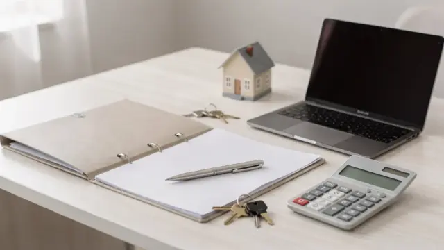Unterlagen zur Grundbuchumschreibung beim Immobilienkauf auf einem Schreibtisch mit Hausmodell, Schlüssel und Rechner