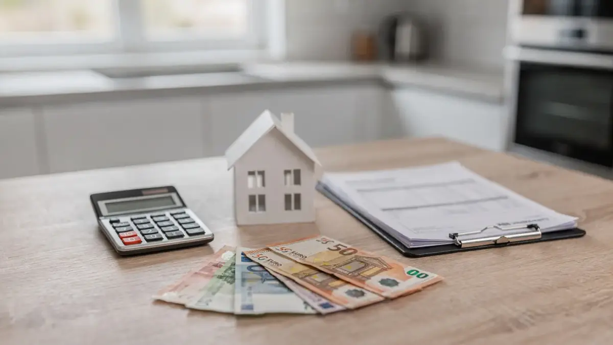 Hauskauf und Finanzierungsbedarf: Taschenrechner, Hausmodell und Unterlagen zur Berechnung der Summe