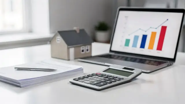 Hausmodell, Unterlagen und Taschenrechner zum effektiven Jahreszins beim Immobilienkredit