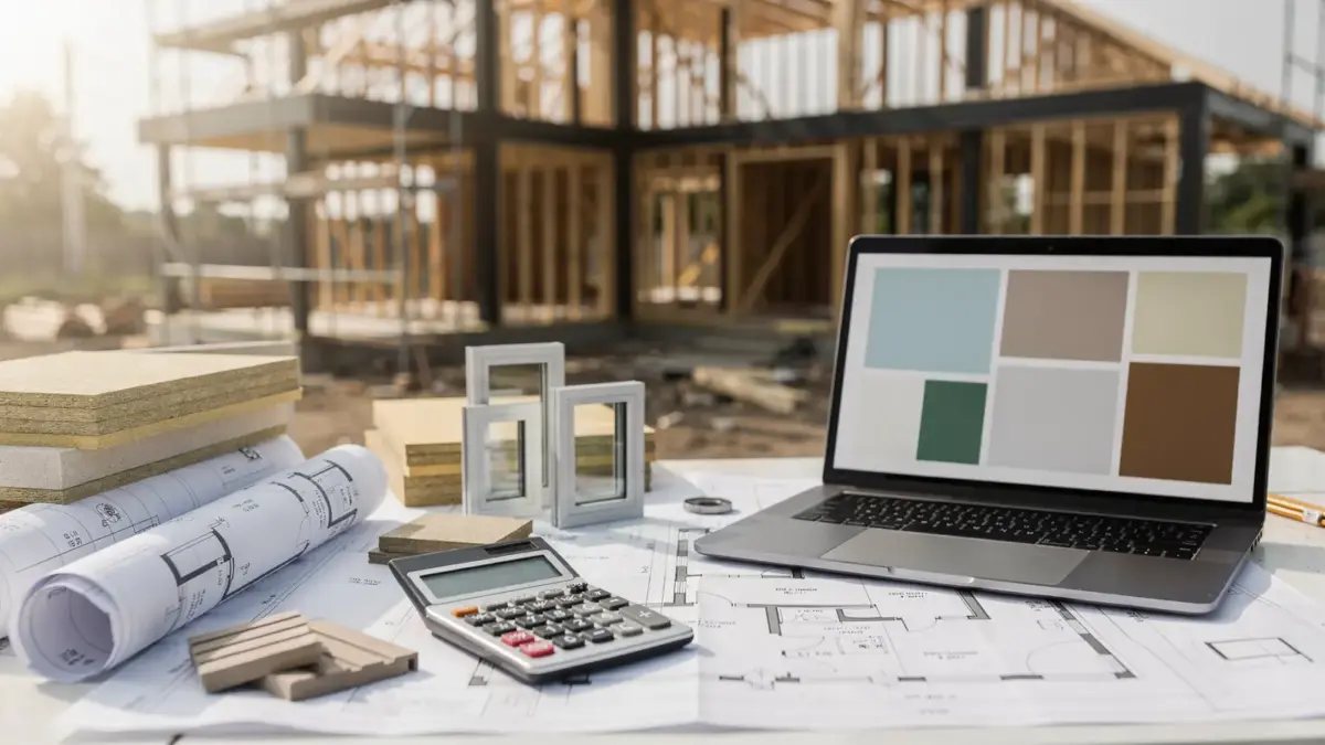 KfW-Förderung beim Hausbau: Bauunterlagen, Rechner und energieeffiziente Materialien auf einem Architekturtisch
