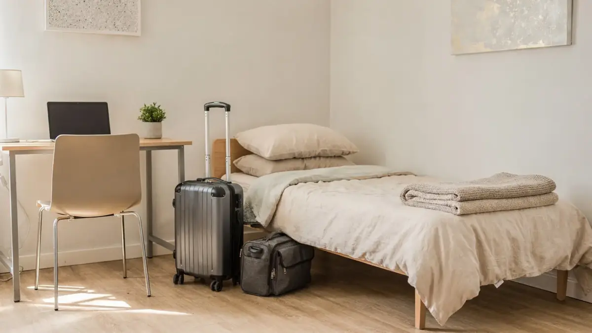 Untermiete in der Mietwohnung: Wohnraum mit Gästebett und Gepäck als Symbol für die Untervermietung.
