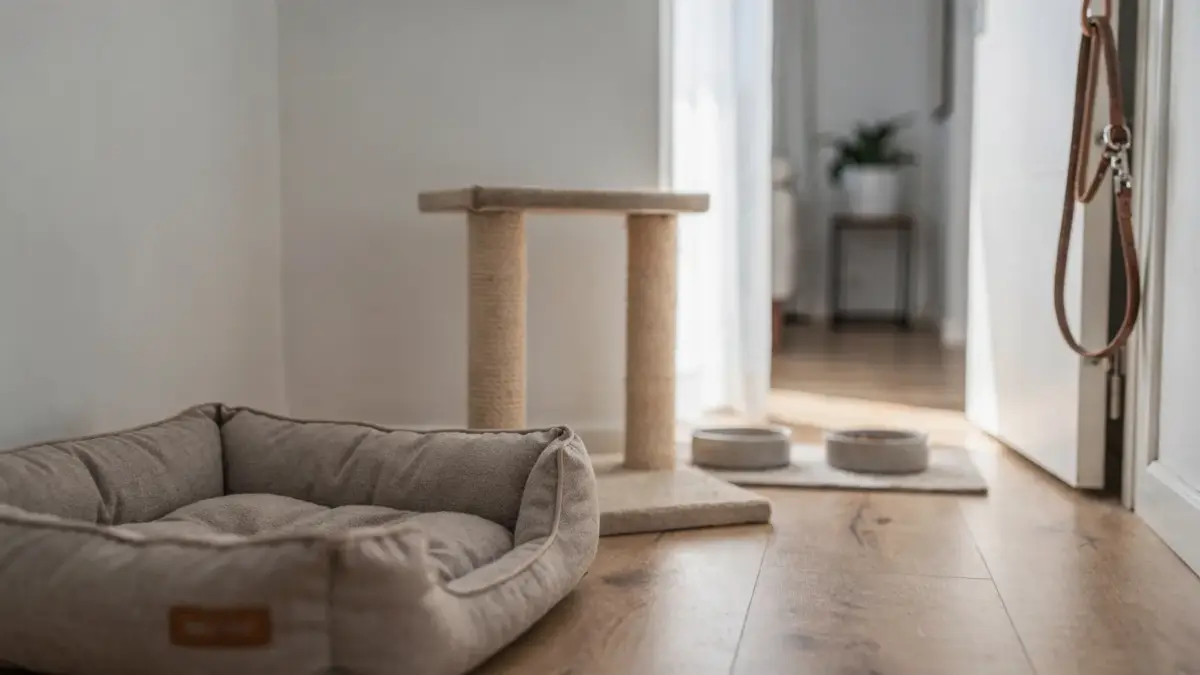 Haustiere in der Mietwohnung: Hundebett, Katzbaum und Futternäpfe in einer modernen Wohnung