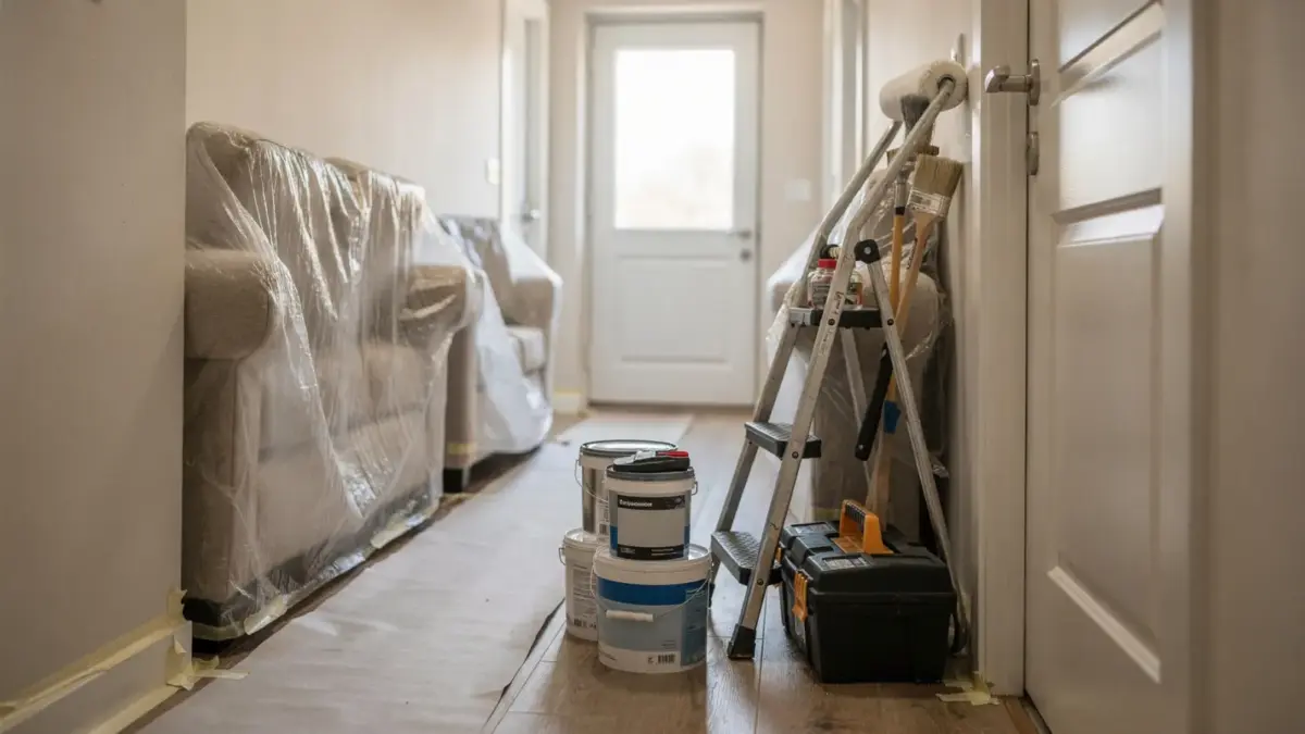 Wohnungsgang mit Abdeckfolie und Werkzeugen zur Modernisierung im Mietshaus