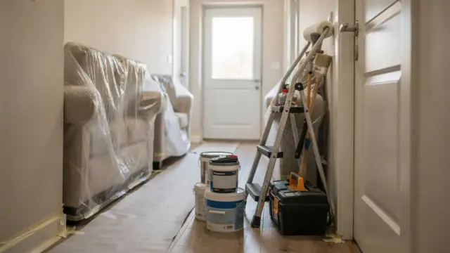 Wohnungsgang mit Abdeckfolie und Werkzeugen zur Modernisierung im Mietshaus