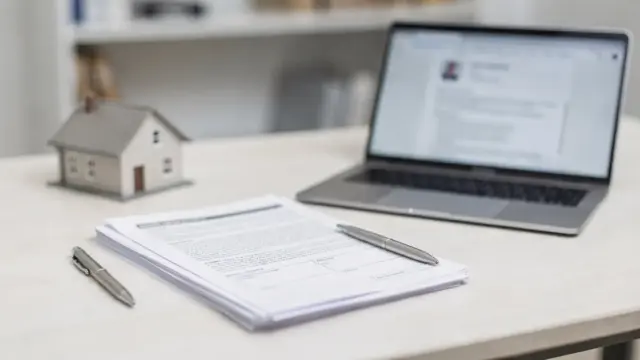 Einstweilige Verfügung im Immobilienrecht mit Hausmodell, Akten und Laptop auf einem Schreibtisch