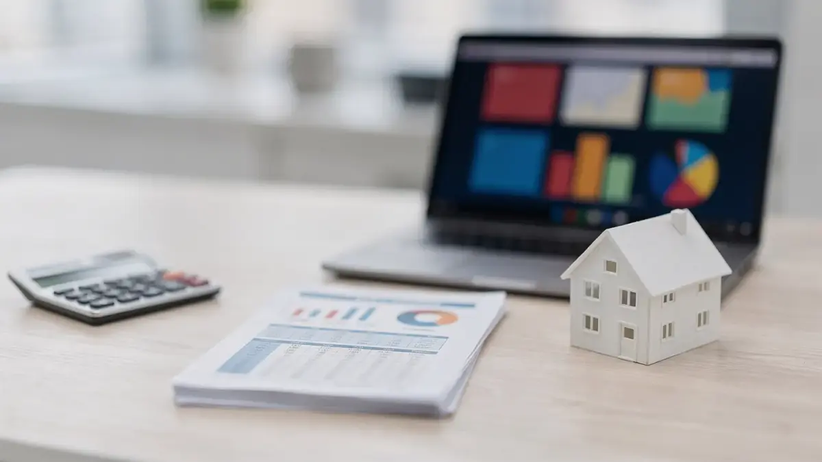Bonität beim Immobilienkredit: Unterlagen, Taschenrechner und Hausmodell zur Kreditwürdigkeitsprüfung bei Banken