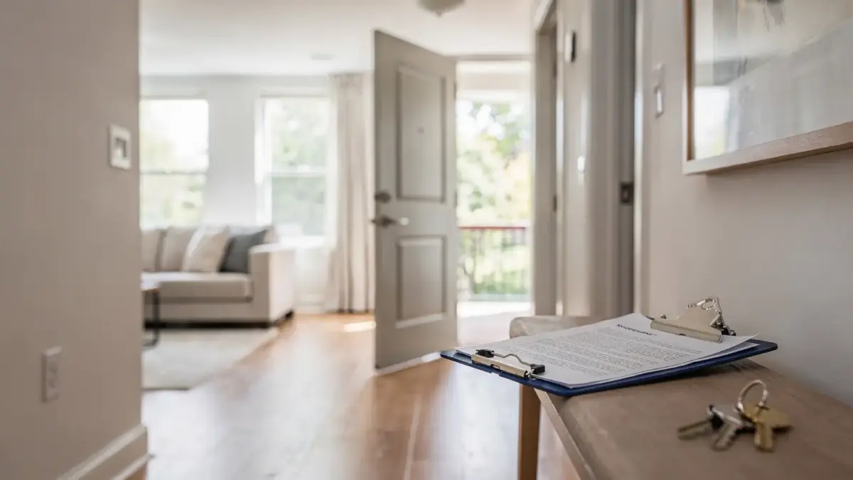 Wohnungsbesichtigung durch den Vermieter in einer hellen Wohnung mit Unterlagen und Schlüssel