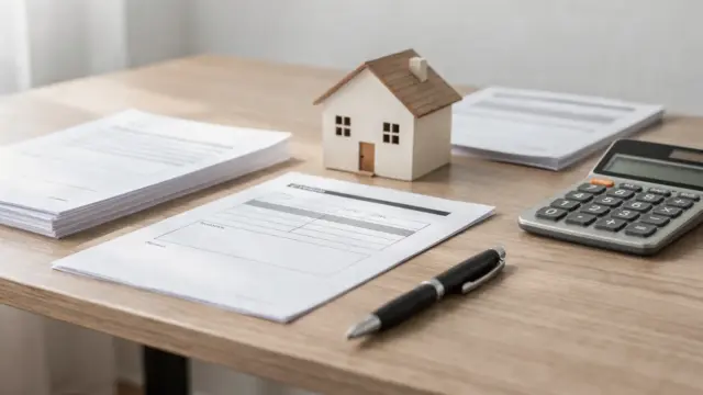 Unterlagen zum Immobilienkredit mit Taschenrechner und Hausmodell bei Zahlungsschwierigkeiten