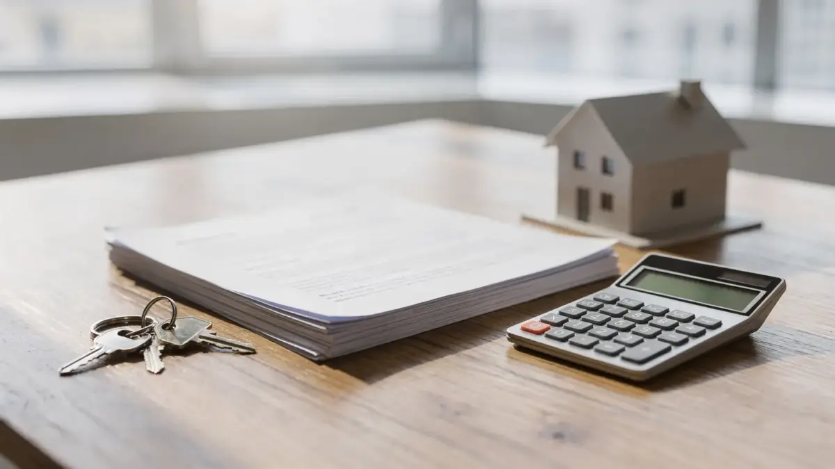 Unterlagen zur vorzeitigen Rückzahlung von Immobilienkrediten mit Rechner und Hausmodell