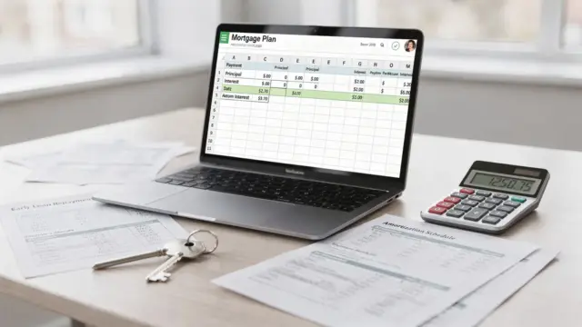Berechnung zur Vorfälligkeitsentschädigung mit Rechner, Laptop und Unterlagen zur vorzeitigen Ablösung eines Immobiliendarlehens