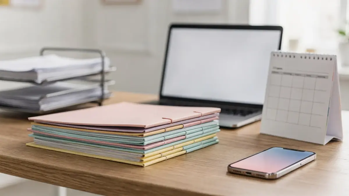 Ordner, Ablagen und Laptop zur Mieterverwaltung-Korrespondenz in einem aufgeräumten Büro.