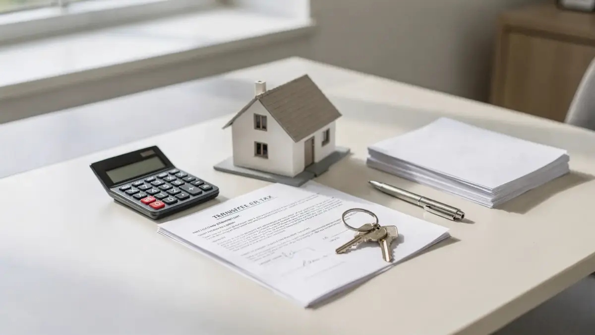 Immobilienkauf mit Hausmodell, Taschenrechner und Vertragsunterlagen zur Grunderwerbsteuer