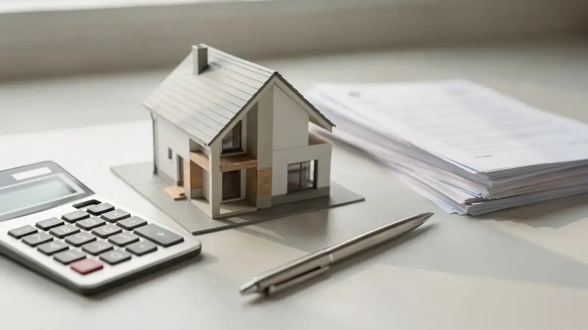 Hausmodell, Taschenrechner und Dokumente zum Thema Grunderwerbsteuer sparen beim Immobilienkauf