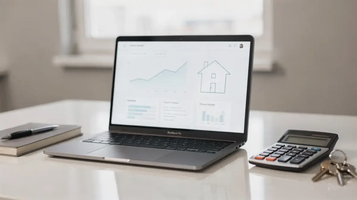 Online-Immobilienbewertung auf Laptop mit Haus, Diagrammen und Rechner auf einem Schreibtisch