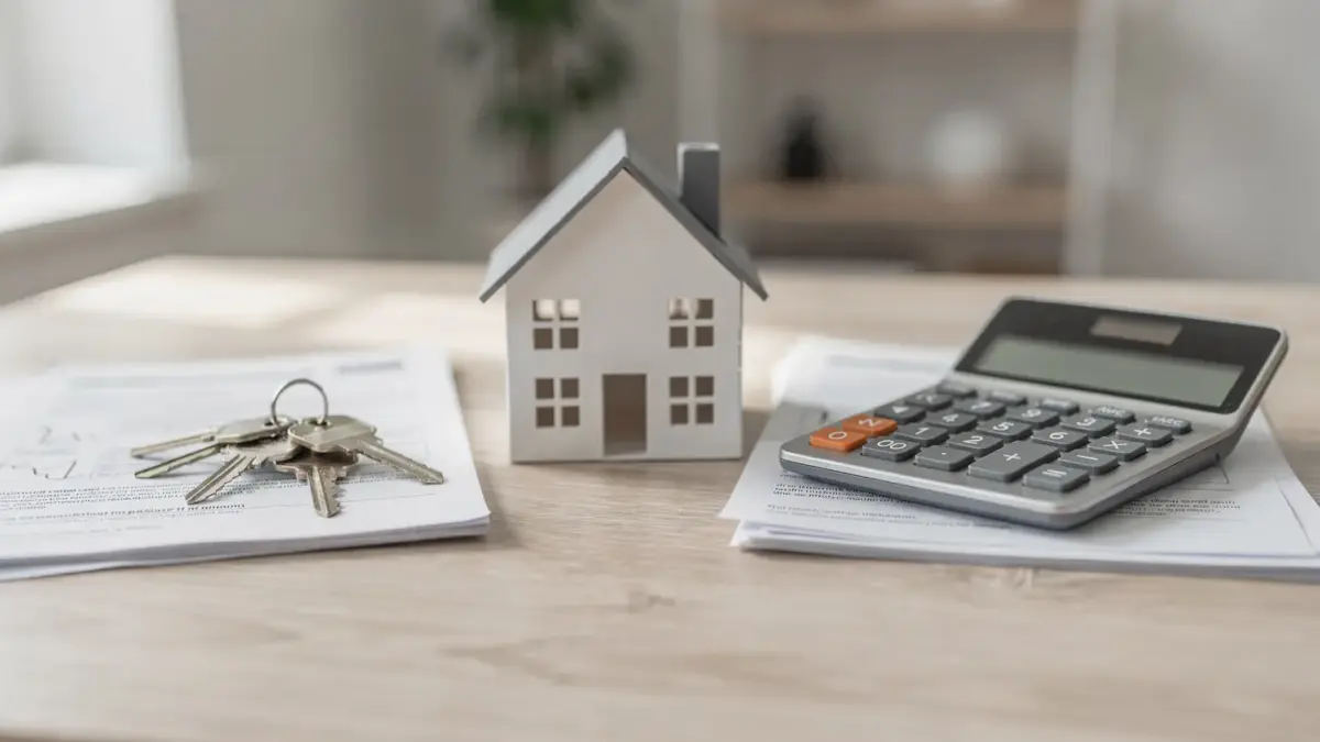 Immobilienkauf mit Hausmodell, Vertragsunterlagen und Taschenrechner zur Maklerprovision teilen