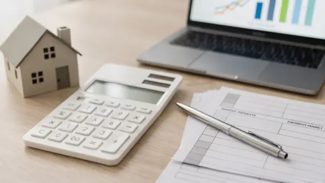 Hausmodell, Taschenrechner und Unterlagen zum Annuitätendarlehen bei der Baufinanzierung mit Monatsrate