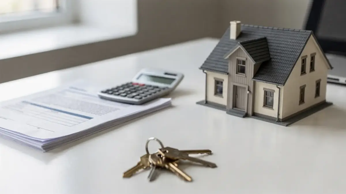 Immobilienkauf mit Hausmodell, Vertragsunterlagen und Schlüssel zur Maklercourtage