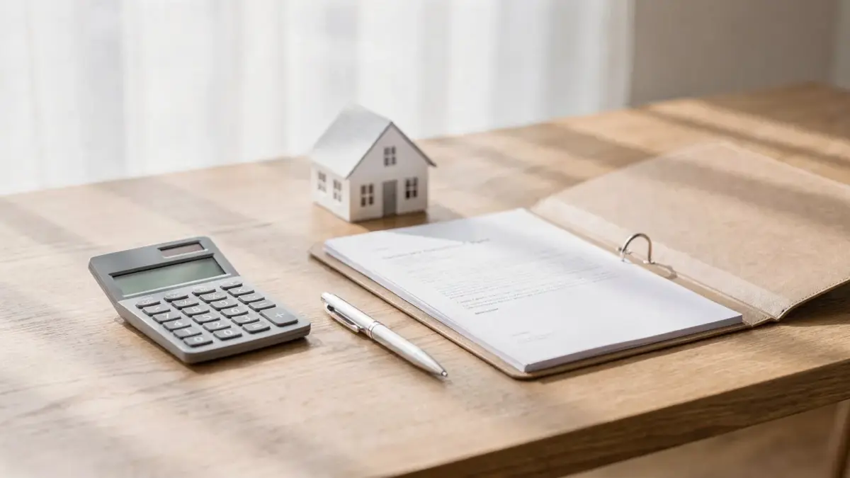 Immobilienkauf mit Modellhaus, Taschenrechner und Unterlagen zu Kaufnebenkosten und Finanzierung