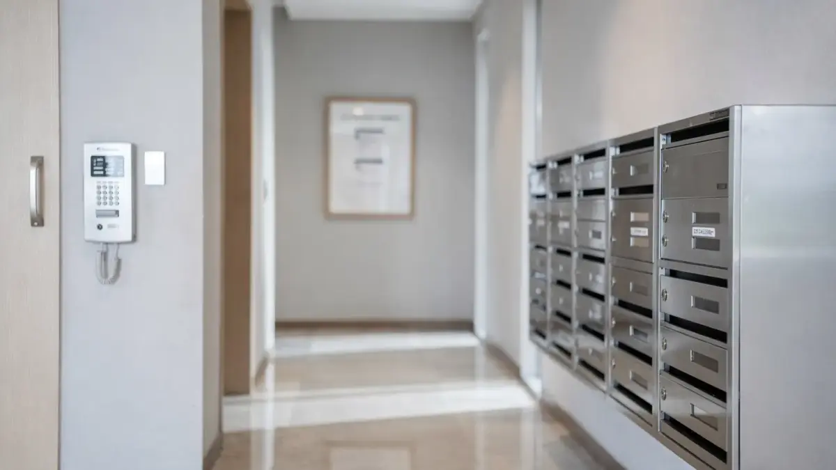 Moderne Wohnanlage mit Klingelanlage, Briefkästen und Aushangtafel zum Thema Rechte von Wohnungseigentümern in der WEG