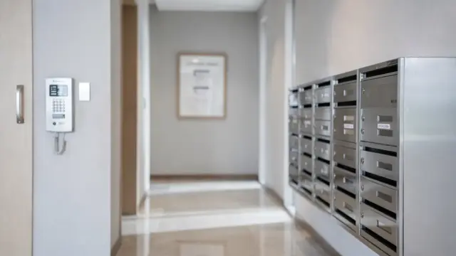 Moderne Wohnanlage mit Klingelanlage, Briefkästen und Aushangtafel zum Thema Rechte von Wohnungseigentümern in der WEG
