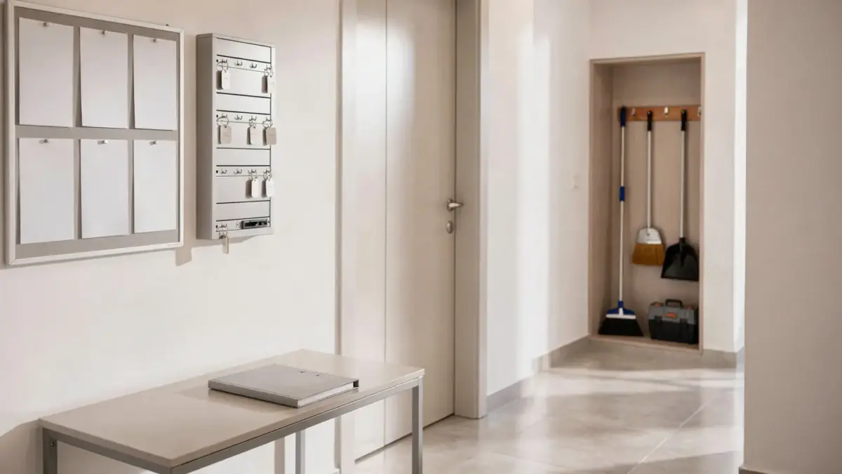Wohnungseigentümer-Pflichten im WEG: Hausflur mit Aushang, Unterlagen und Wartungswerkzeugen
