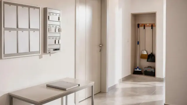 Wohnungseigentümer-Pflichten im WEG: Hausflur mit Aushang, Unterlagen und Wartungswerkzeugen