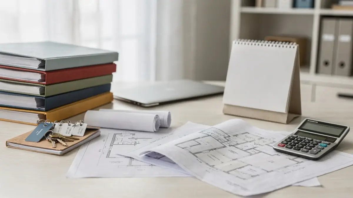 Ordentliche Büro-Szene zur WEG-Verwaltung mit Ordnern, Laptop, Kalender und Unterlagen