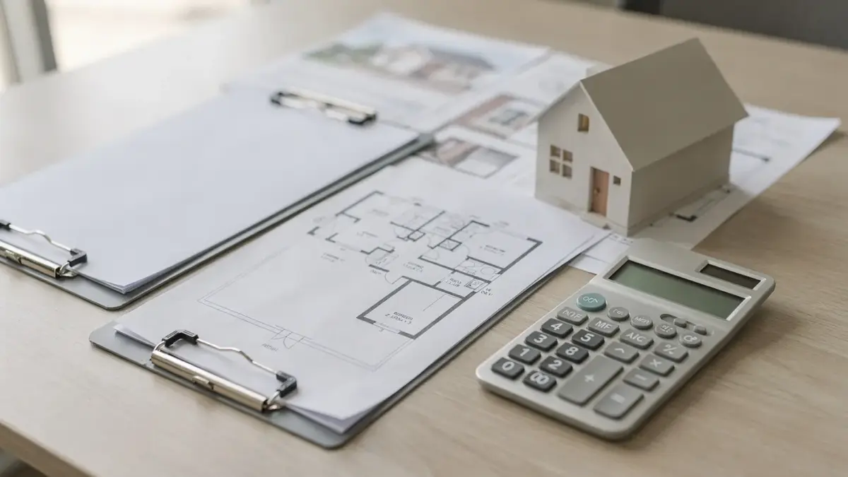 Immobilienmakler-Büro mit Unterlagen, Grundrissen und Hausmodell zum Thema Makleraufklärungspflichten