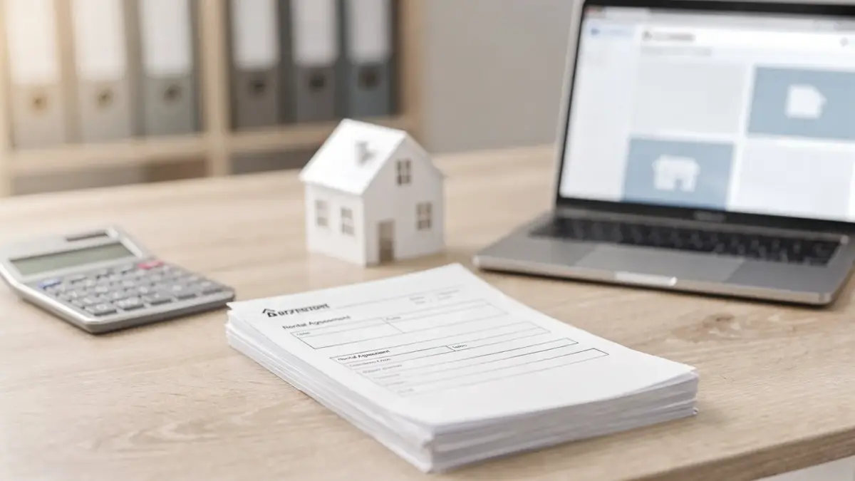 Maklerprovision steuerlich absetzen: Schreibtisch mit Rechner, Mietunterlagen und Hausmodell im Immobilienbüro