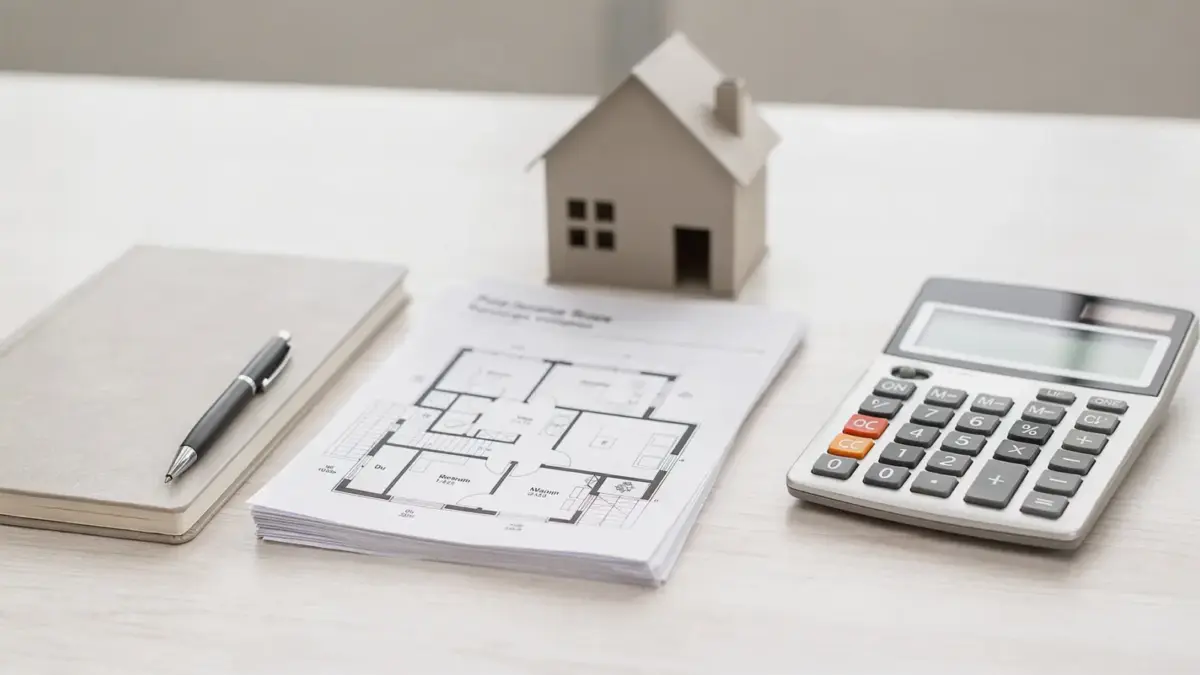 Schreibtisch mit Unterlagen, Taschenrechner und Hausmodell zur Immobilienbewertung fürs Finanzamt