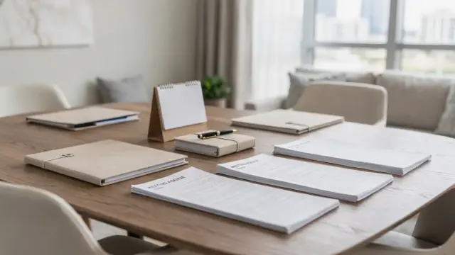 Unterlagen und Kalender zum Thema WEG-Beschluss anfechten auf einem Besprechungstisch
