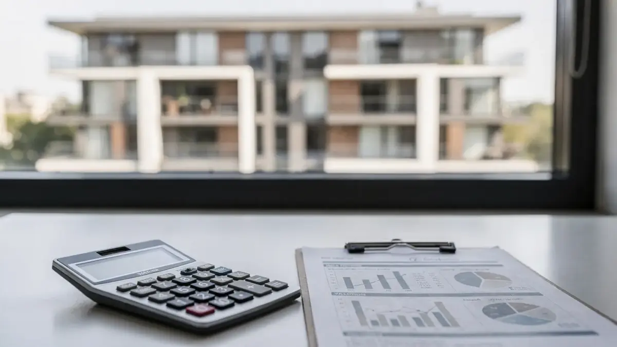 Immobilienbewertung mit Taschenrechner und Unterlagen zur Ertragswertmethode bei Immobilien