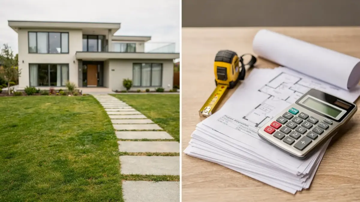 Sachwertmethode beim Haus: Einfamilienhaus mit Unterlagen, Taschenrechner und Maßband zur Wertermittlung