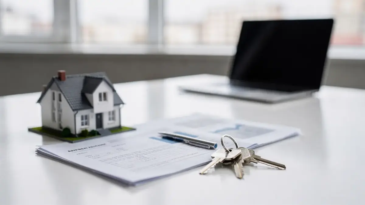 Makler beim Immobilienverkauf mit Hausmodell, Schlüsseln und Unterlagen im Büro