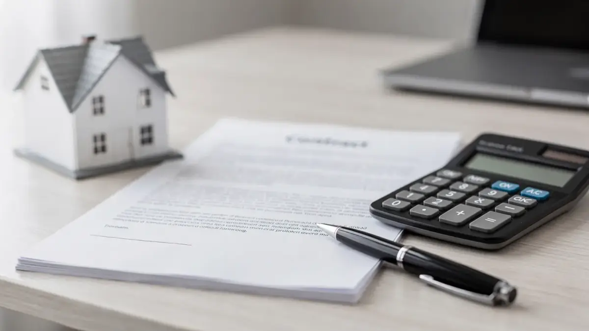 Maklerbüro mit Hausmodell, Rechner und Vertragsunterlagen zum Thema Maklerprovision beim Immobilienkauf